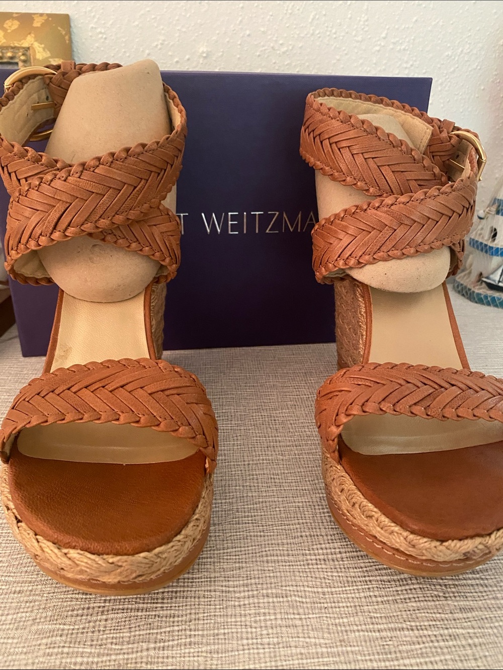 Stuart Weitzman Cognac Braided Leather Wedge Sandals